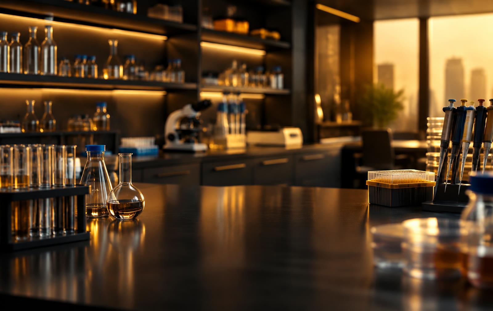 Dark laboratory bench with glassware in warm light