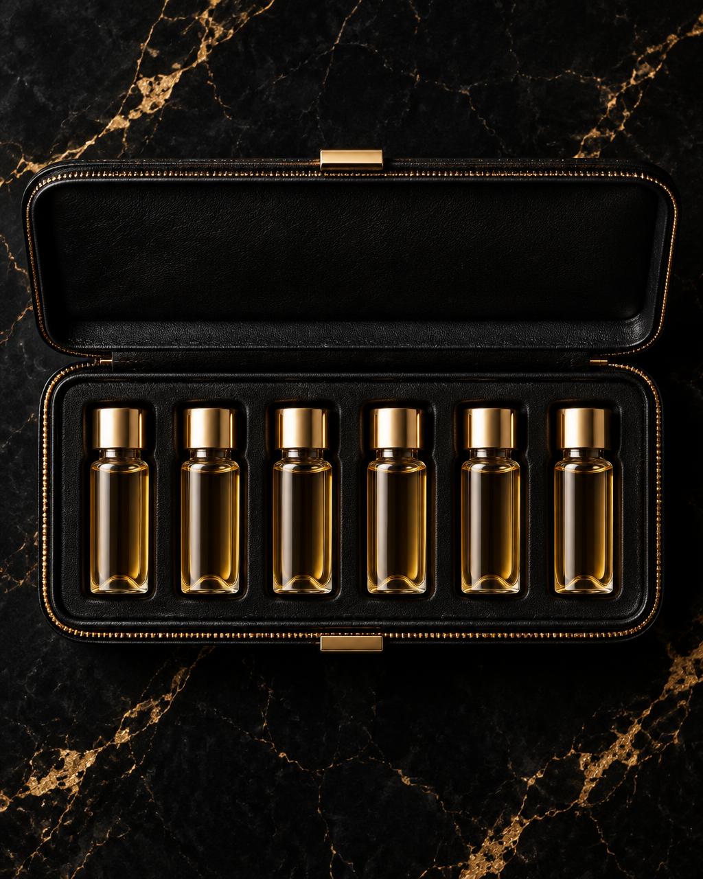 Six gold-capped vials in an open black leather case