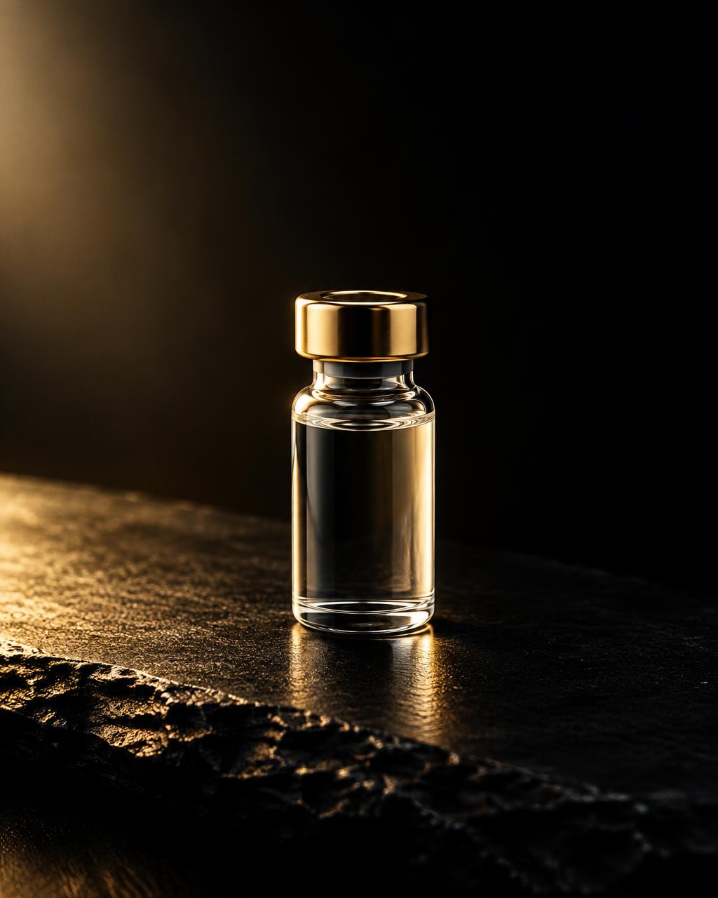 Single glass vial with gold cap on black slate