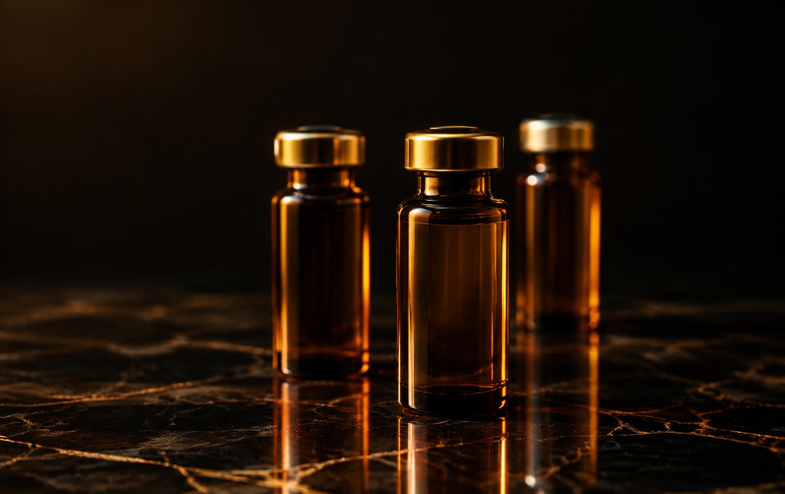 Three amber glass vials with gold caps on black marble