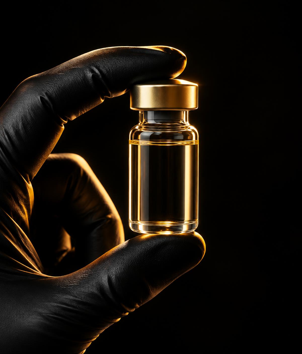 Gloved hand holding a gold-capped glass vial