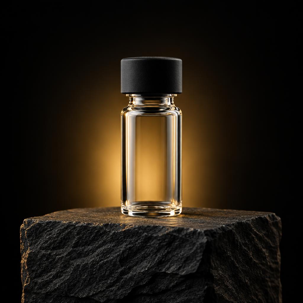 Clear glass vial with black cap on a dark stone block