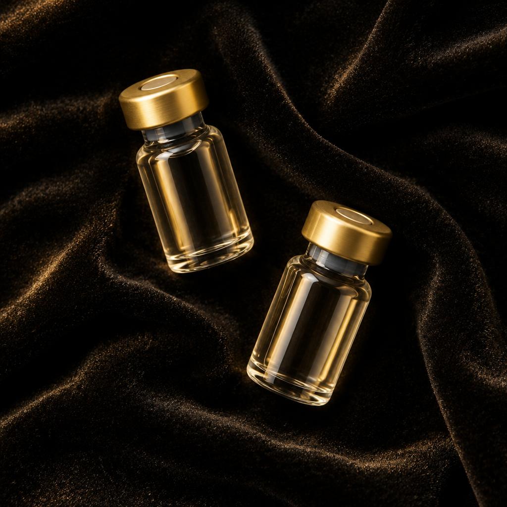 Two glass vials with gold caps resting on black velvet