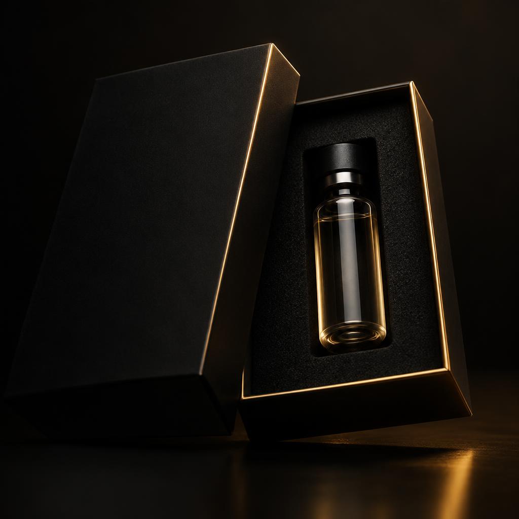 Glass vial in an open black presentation box