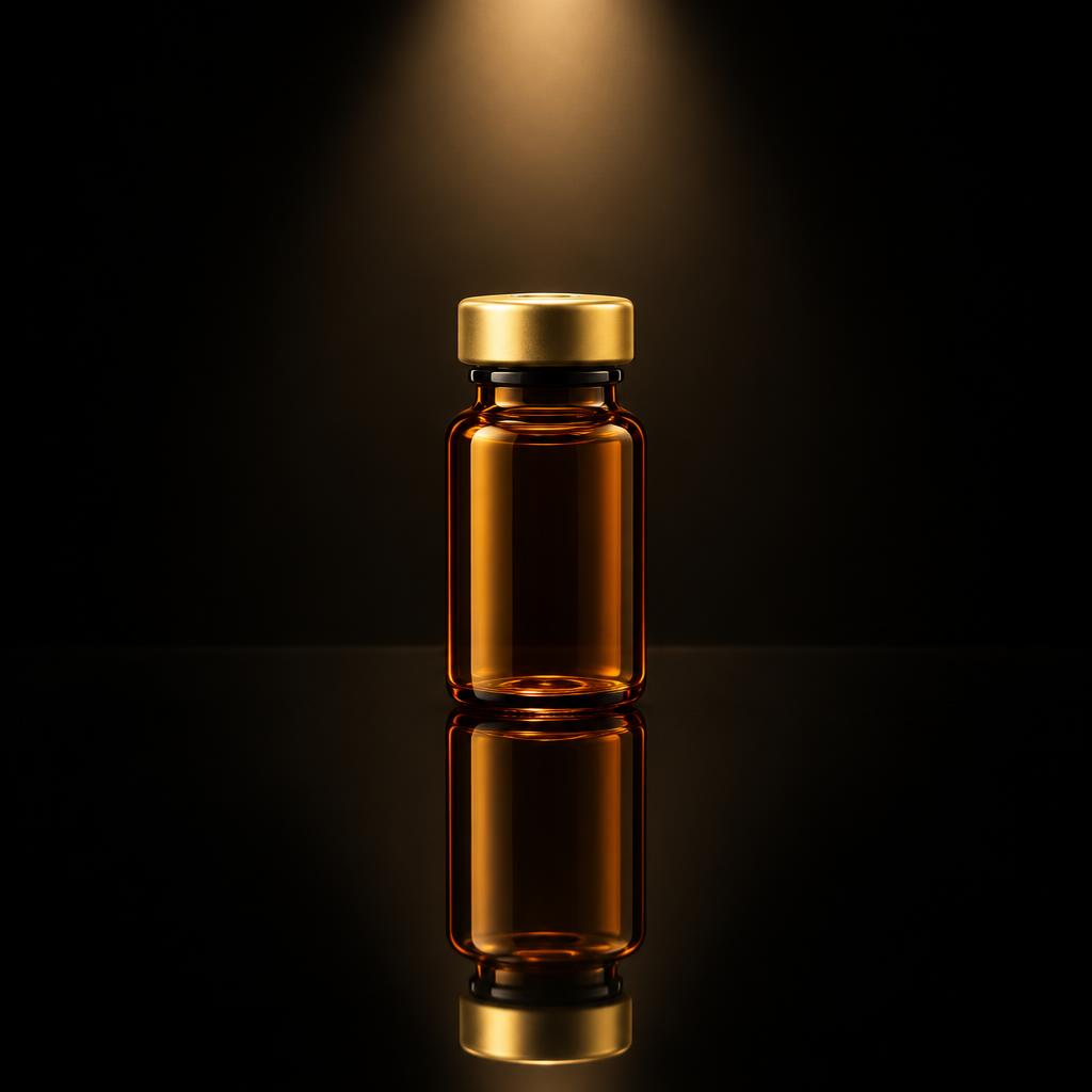 Amber vial with gold cap on a reflective black surface