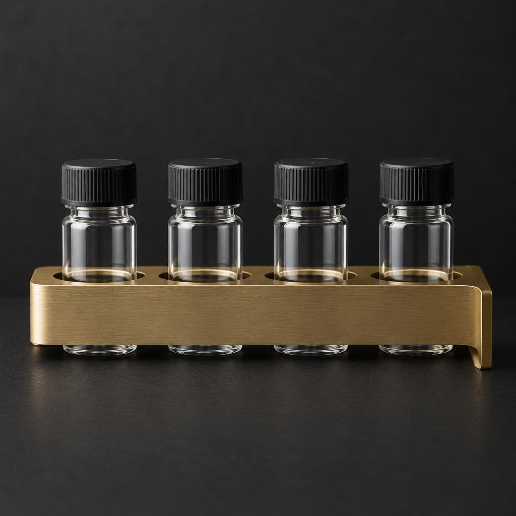 Four clear vials with black caps in a brushed gold rack