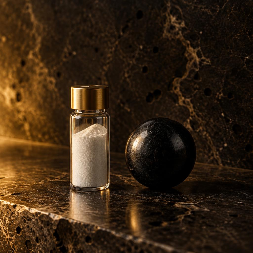 Vial of white powder with gold cap beside a black stone sphere